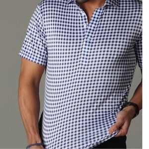 NWT Collars & Co. Navy Gingham Semi-Spread Collar Relaxed Polo in Size Large